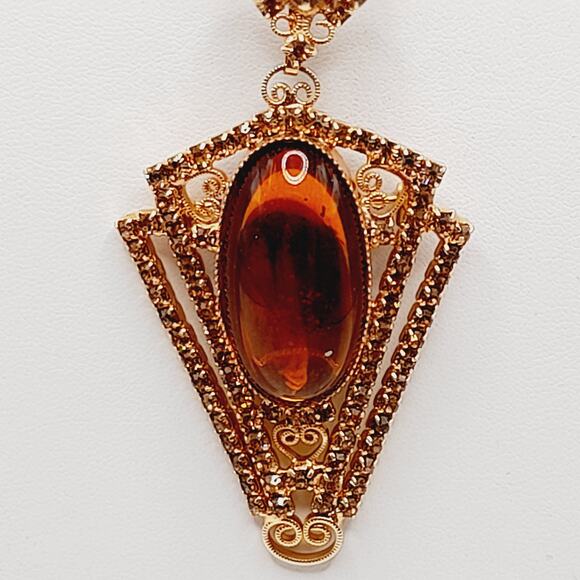 Vintage Topaz Lucite Rhinestone Pendant Brooch Necklace Rope Chain 22” - Picture 5 of 14